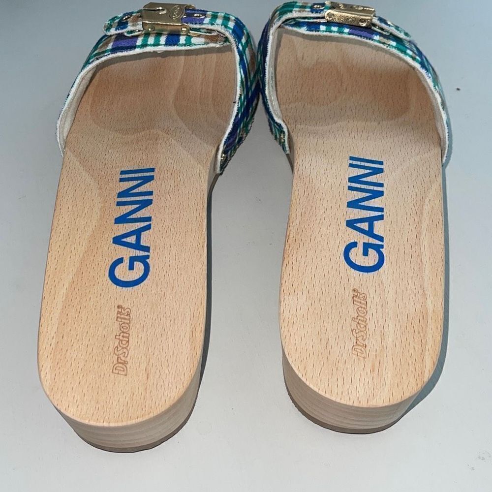 Ganni Dr Scholl’s Wooden‎ Clogs in Check Blue Iris Size 10 New - Picture 6 of 11